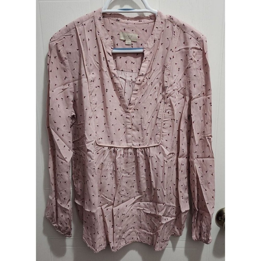 Loft Women’s Long Sleeve V Neck Popover Tunic Top Blouse Pink‎ Ditsy Floral Sz M